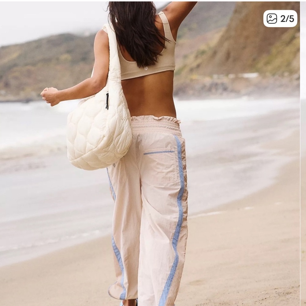 FREE PEOPLE Wide Leg Drawstring Pants in Light Beige with Blue Trim - Picture 2 of 9